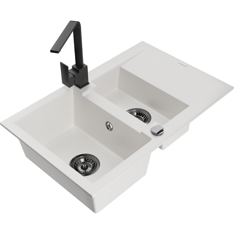 Mexen Gaspar granite sink 1.5-bowl with drainer and kitchen mixer tap Rita, white - 6507-20-670300-70