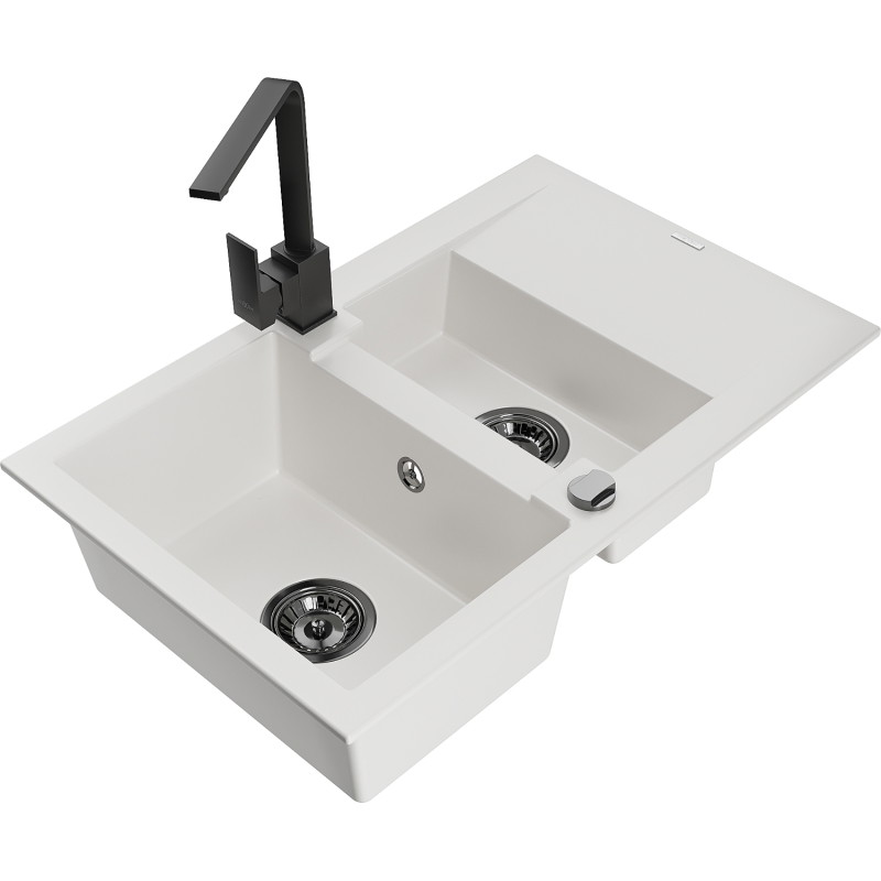 Mexen Gaspar granite sink 1.5-bowl with drainer and Rita kitchen faucet, white - 6507-20-670300-70