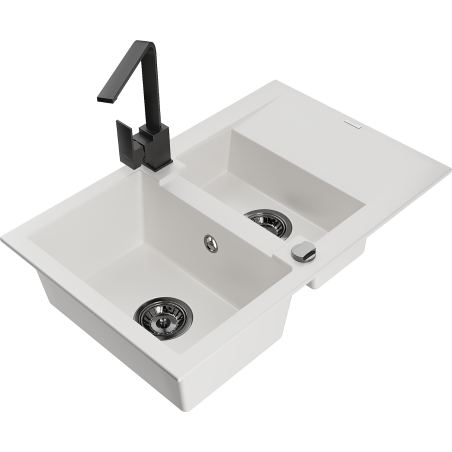 Mexen Gaspar granite sink 1.5-bowl with drainer and kitchen faucet Rita, white - 6507-20-670300-70