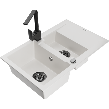Mexen Gaspar granite sink 1.5-bowl with drainer and kitchen mixer tap Rita, white - 6507-20-670300-70