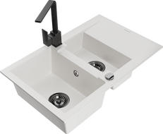 Mexen Gaspar granite sink 1.5-bowl with drainer and Rita kitchen faucet, white - 6507-20-670300-70