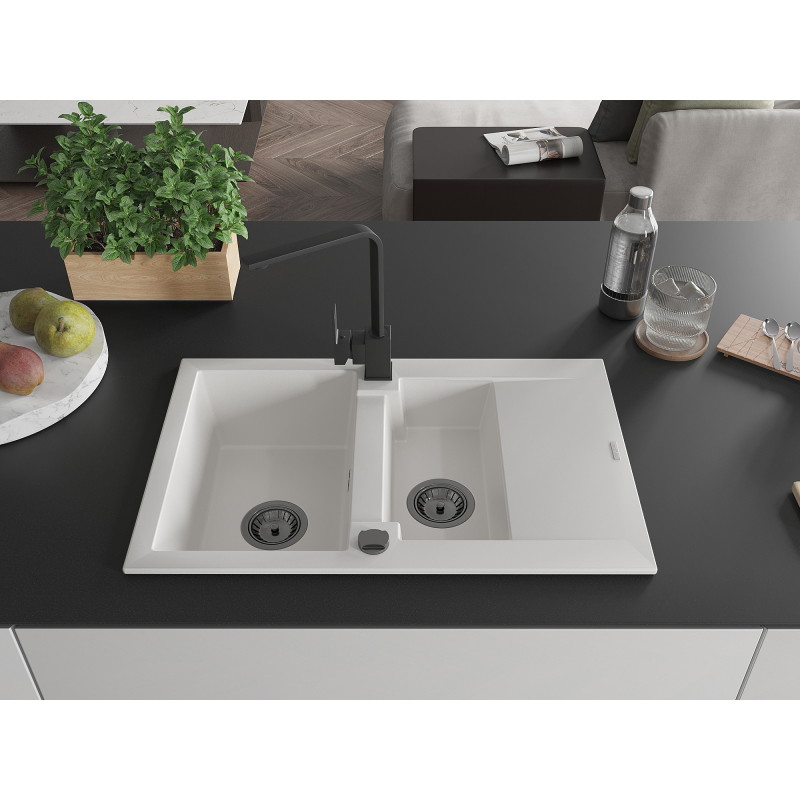 Mexen Gaspar granite sink 1.5-bowl with drainer and kitchen faucet Rita, white - 6507-20-670300-70