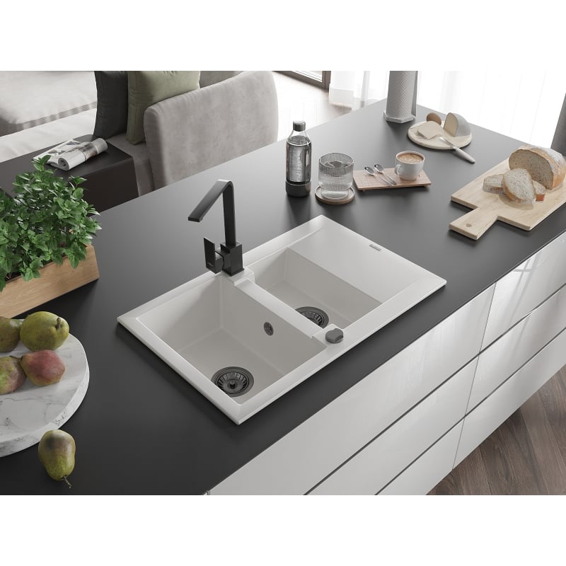 Mexen Gaspar granite sink 1.5-bowl with drainer and kitchen faucet Rita, white - 6507-20-670300-70