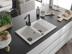 Mexen Gaspar granite sink 1.5-bowl with drainer and kitchen mixer tap Rita, white - 6507-20-670300-70