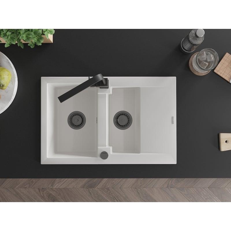 Mexen Gaspar granite sink 1.5-bowl with drainer and kitchen faucet Rita, white - 6507-20-670300-70