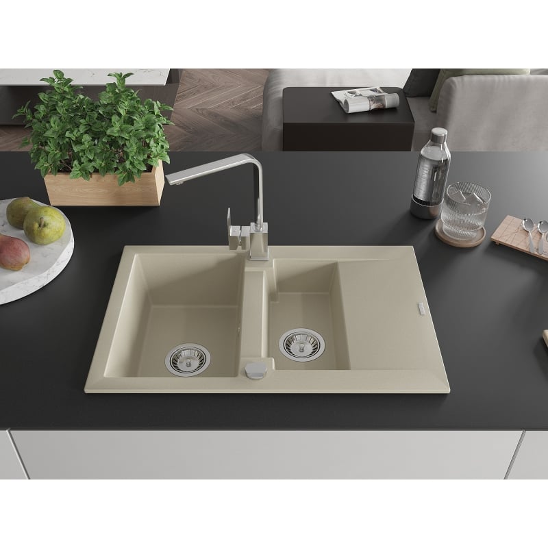 Mexen Gaspar 1.5-bowl granite sink with drainer and Rita kitchen faucet, beige - 6507-69-670300-00