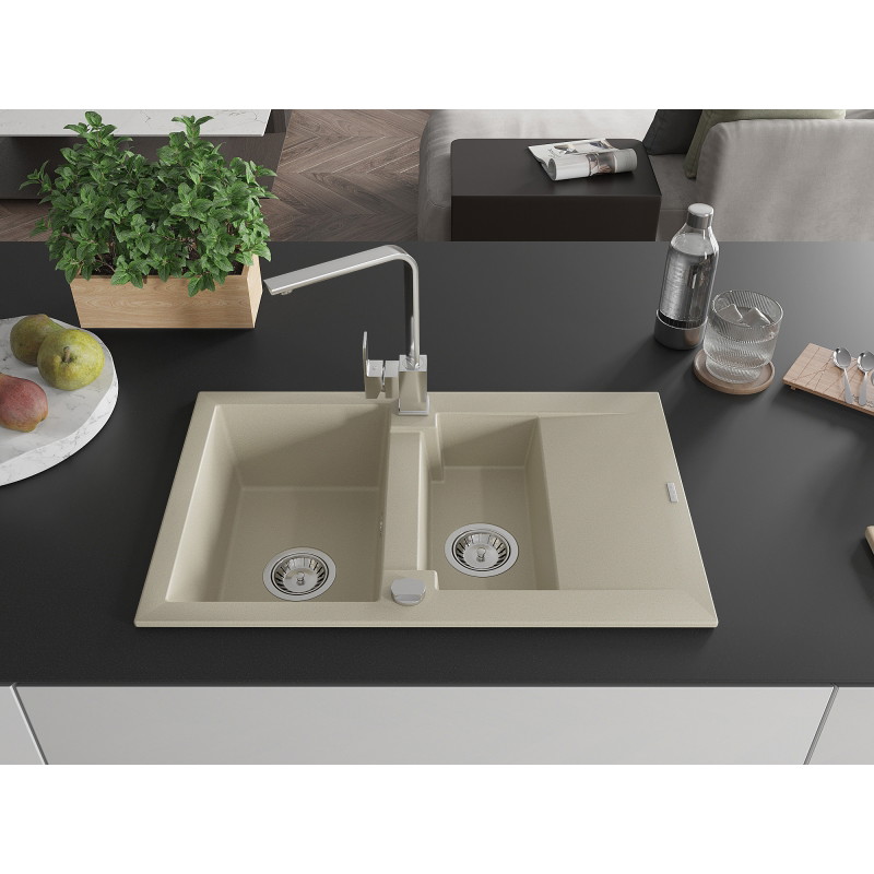 Mexen Gaspar Granite Sink 1.5-Bowl with Drainer and Kitchen Faucet Rita, Beige - 6507-69-670300-00