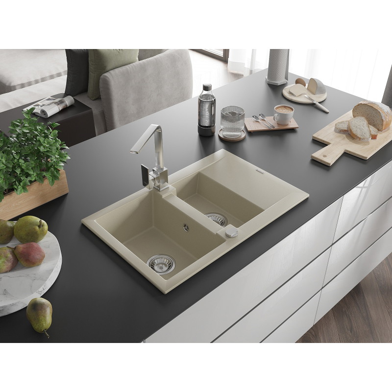 Mexen Gaspar 1.5-bowl granite sink with drainer and Rita kitchen faucet, beige - 6507-69-670300-00