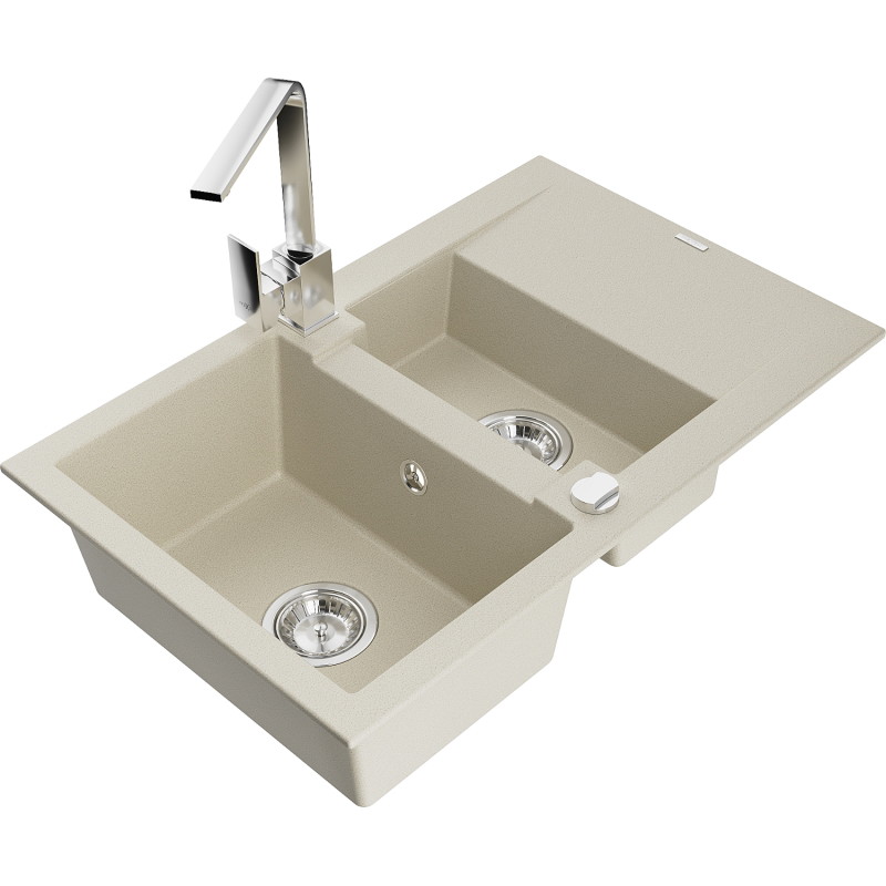Mexen Gaspar 1.5-bowl granite sink with drainer and Rita kitchen faucet, beige - 6507-69-670300-00