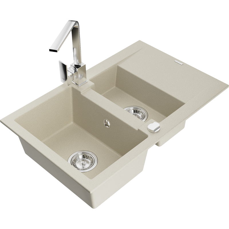 Mexen Gaspar 1.5-compartment granite sink with a drip tray and kitchen mixer tap Rita, Beige - 6507-69-670300-00
