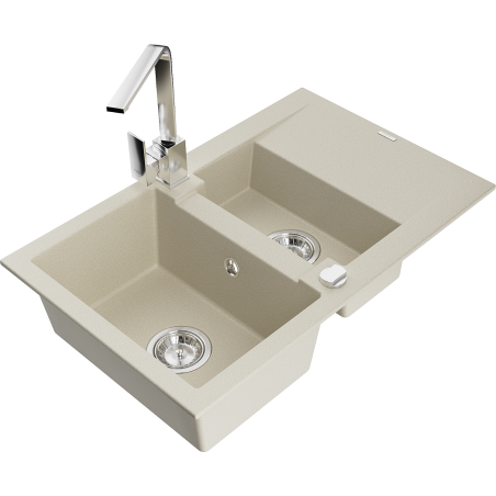 Mexen Gaspar 1.5-compartment granite sink with a drip tray and kitchen mixer tap Rita, Beige - 6507-69-670300-00