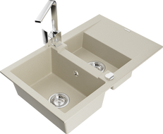 Mexen Gaspar 1.5-compartment granite sink with a drip tray and kitchen mixer tap Rita, Beige - 6507-69-670300-00