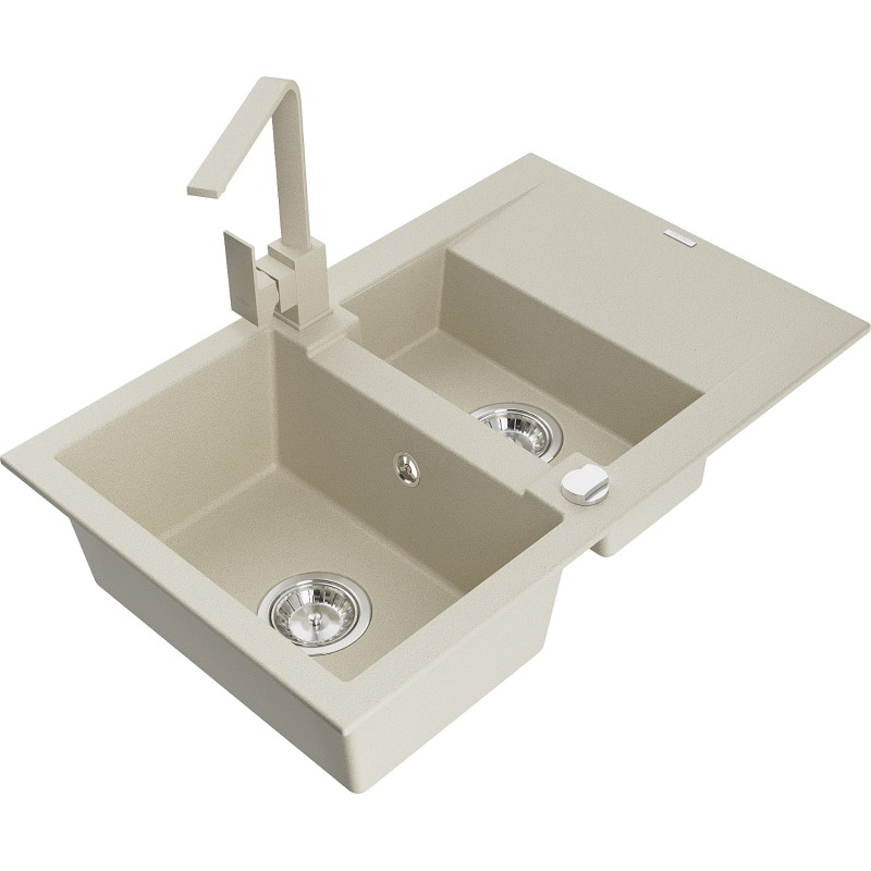 Mexen Gaspar granite sink 1.5-bowl with drainer and Rita kitchen faucet, beige - 6507-69-670300-69