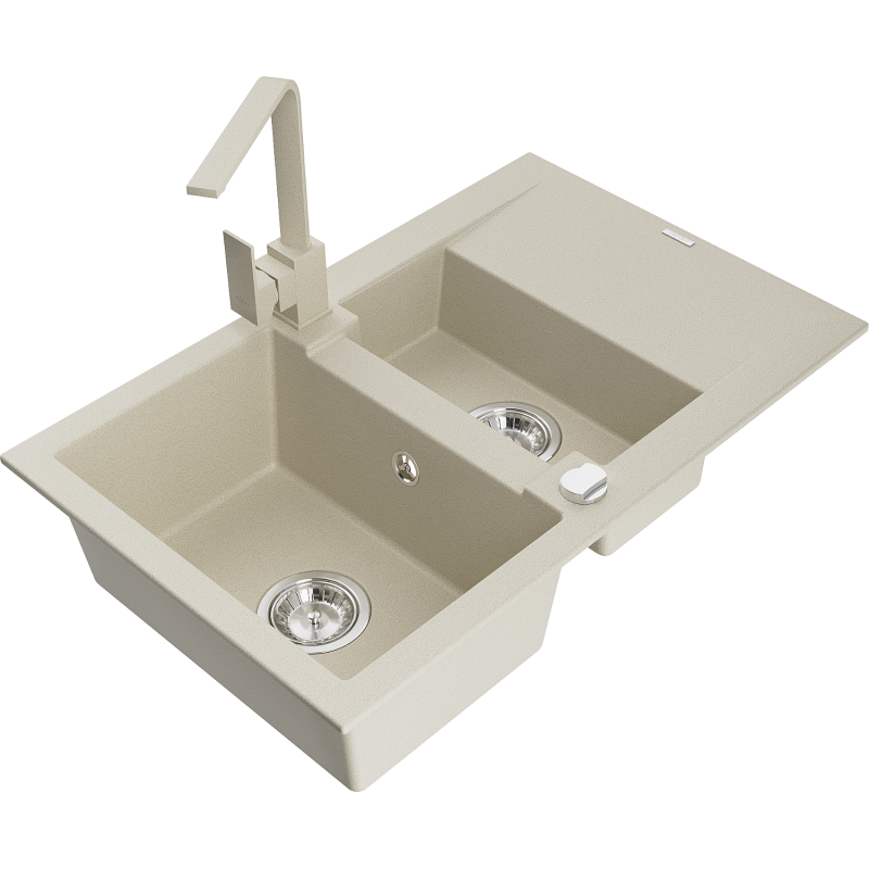 Mexen Gaspar granite sink 1.5-bowl with drainer and Rita kitchen tap, beige - 6507-69-670300-69