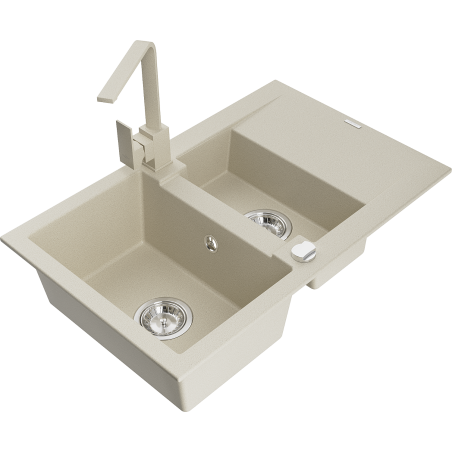 Mexen Gaspar granite sink 1.5-bowl with drainer and Rita kitchen tap, beige - 6507-69-670300-69