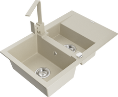 Mexen Gaspar granite sink 1.5-bowl with drainer and Rita kitchen tap, beige - 6507-69-670300-69