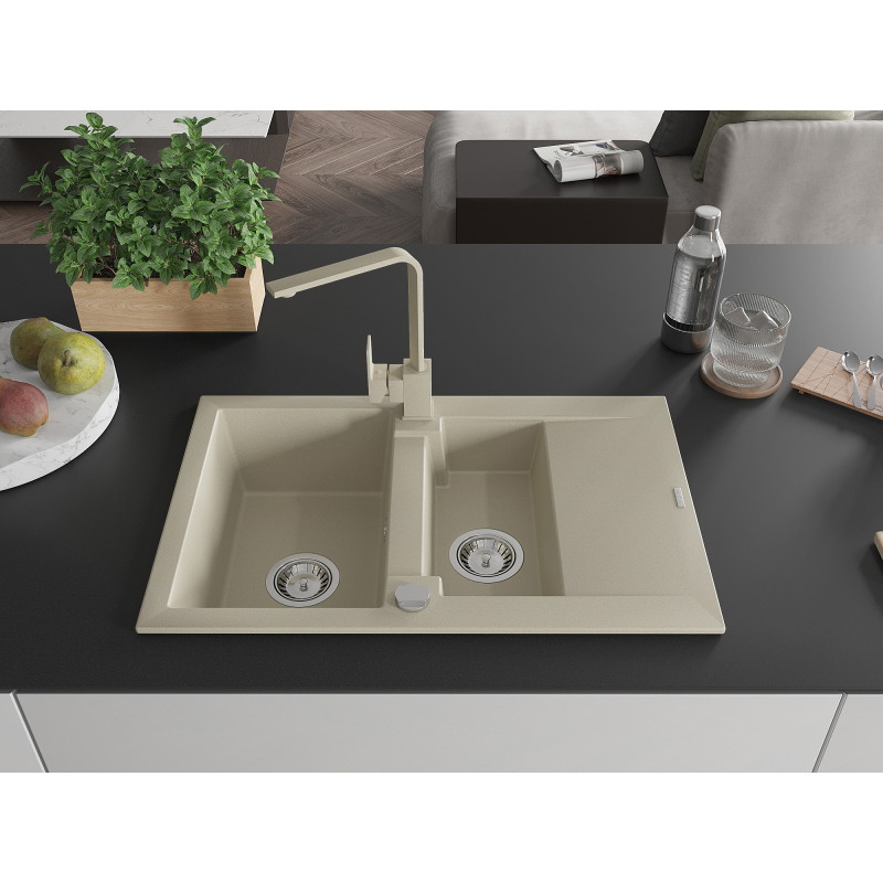 Mexen Gaspar 1.5-bowl granite sink with drainer and Rita kitchen faucet, beige - 6507-69-670300-69
