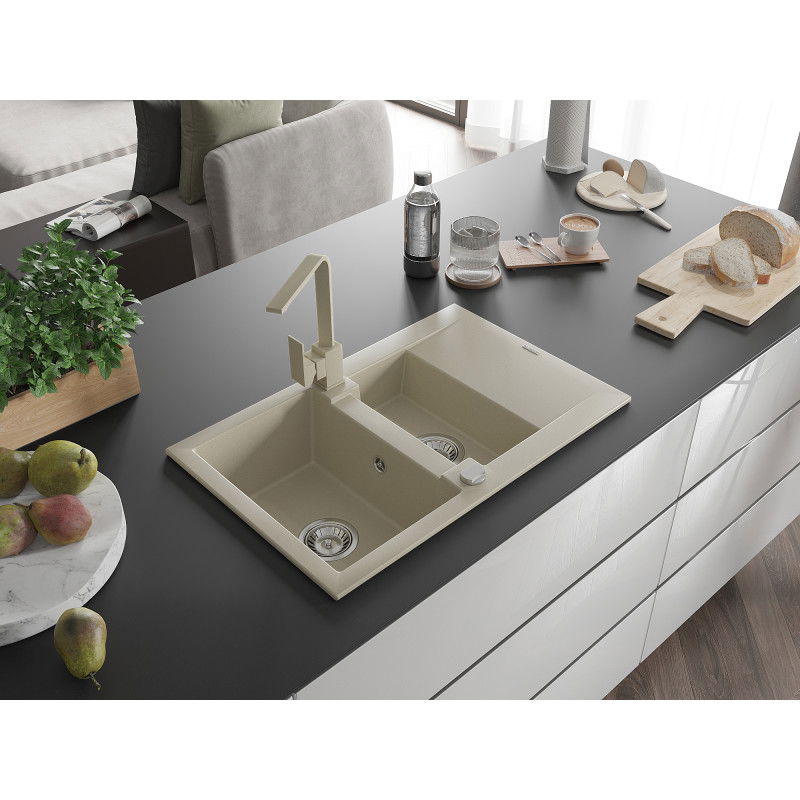 Mexen Gaspar granite sink 1.5-bowl with drainer and Rita kitchen tap, beige - 6507-69-670300-69