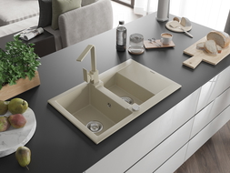 Mexen Gaspar granite sink 1.5-bowl with drainer and Rita kitchen tap, beige - 6507-69-670300-69