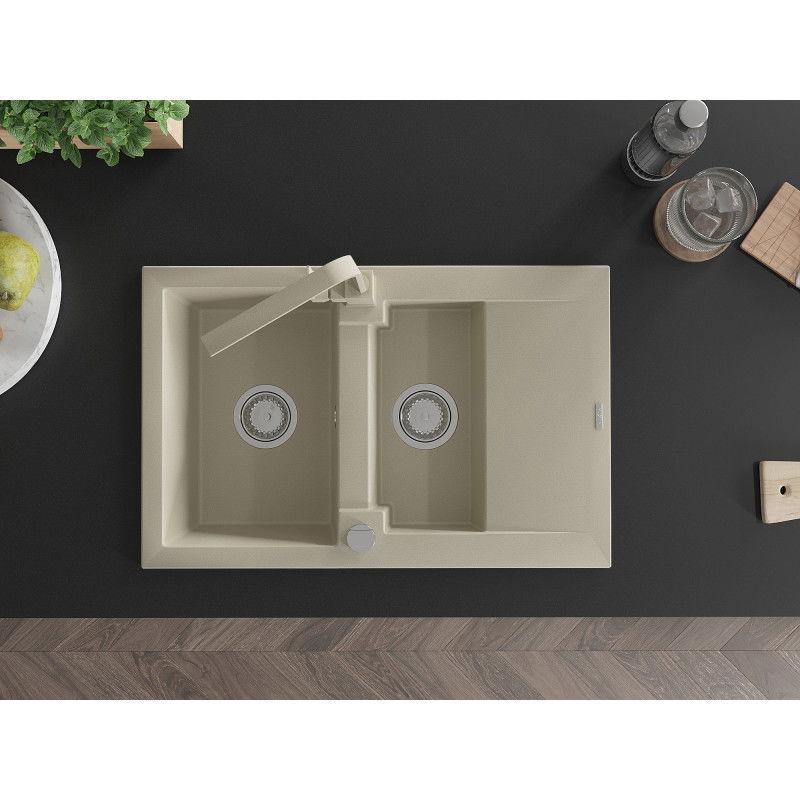 Mexen Gaspar granite sink 1.5-bowl with drainer and Rita kitchen tap, beige - 6507-69-670300-69
