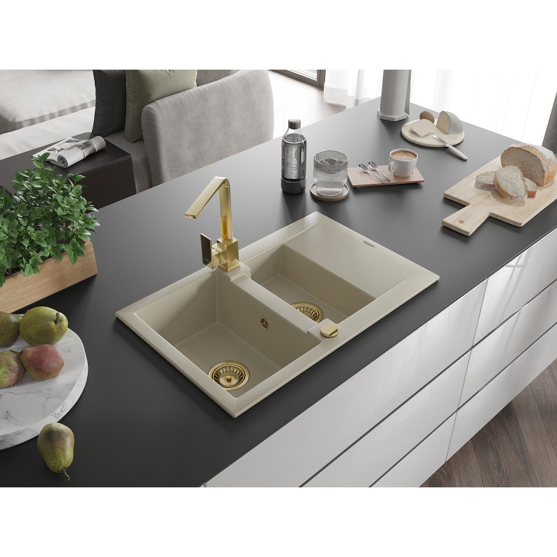 Mexen Gaspar 1.5-bowl granite sink with drainer and Rita kitchen faucet, beige - 6507-69-670300-50