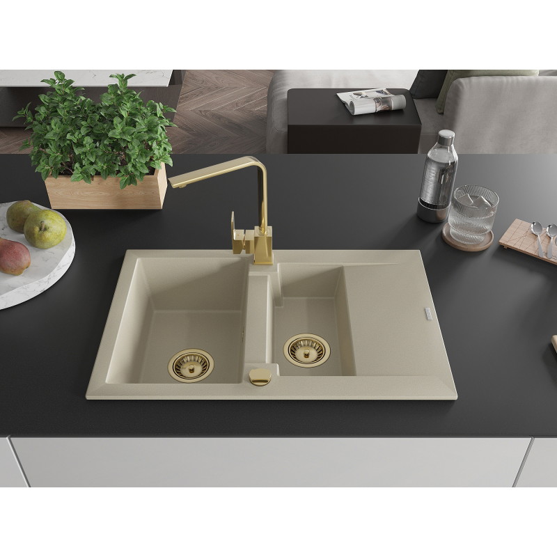 Mexen Gaspar 1.5-bowl granite sink with drainer and Rita kitchen faucet, beige - 6507-69-670300-50
