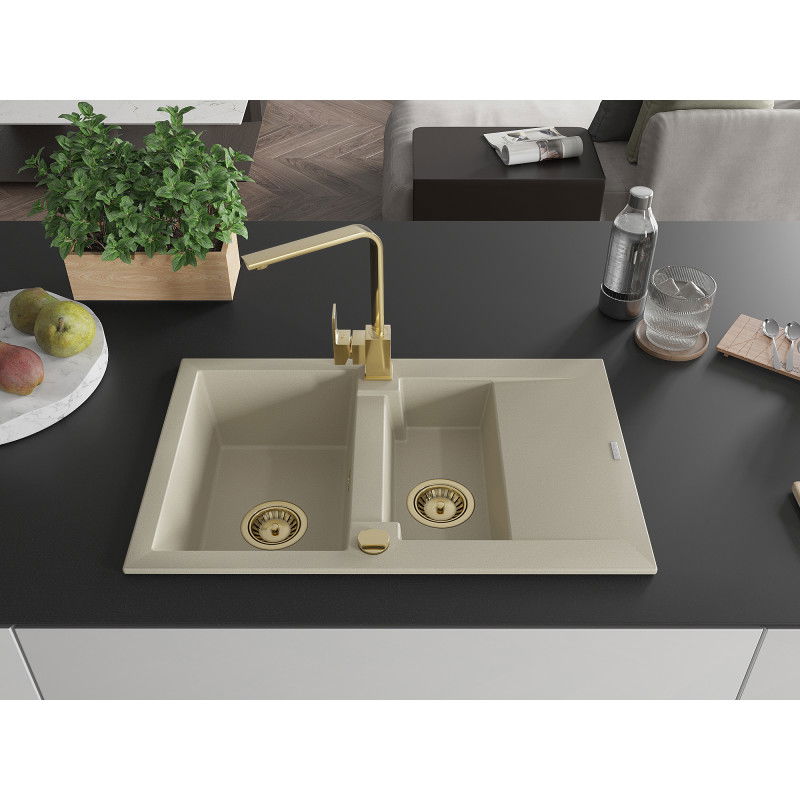Mexen Gaspar granite sink 1.5-bowl with drainer and kitchen tap Rita, beige - 6507-69-670300-50
