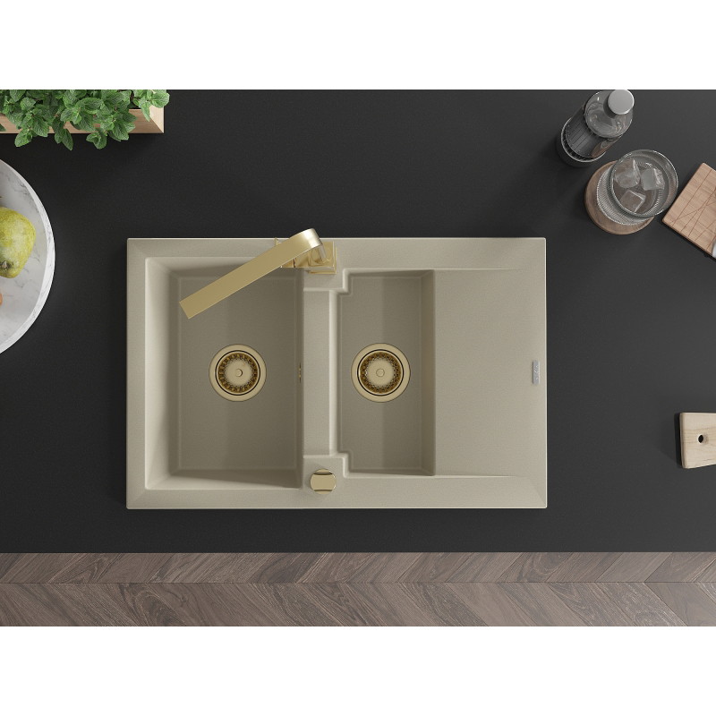 Mexen Gaspar 1.5-bowl granite sink with drainer and Rita kitchen faucet, beige - 6507-69-670300-50