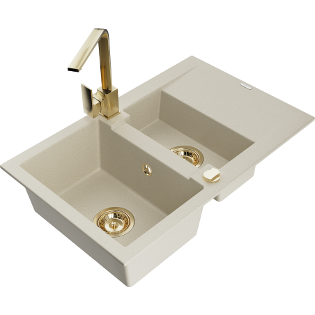 Mexen Gaspar granite kitchen sink 1.5-bowl with drainer and Rita kitchen faucet, beige - 6507-69-670300-50