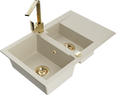 Mexen Gaspar 1.5-compartment granite sink with a drip tray and kitchen mixer tap Rita, Beige - 6507-69-670300-50