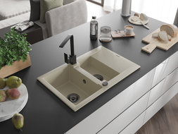 Mexen Gaspar 1.5-bowl granite sink with drainer and Rita kitchen faucet, beige - 6507-69-670300-70