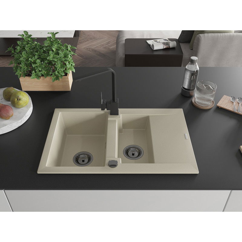 Mexen Gaspar granite sink 1.5-bowl with drainer and Rita kitchen tap, beige - 6507-69-670300-70