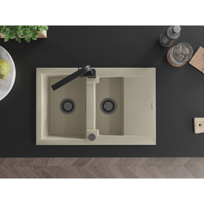 Mexen Gaspar granite sink 1.5-bowl with drainer and Rita kitchen tap, beige - 6507-69-670300-70