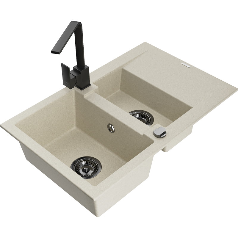 Mexen Gaspar 1.5-bowl granite sink with drainer and Rita kitchen faucet, beige - 6507-69-670300-70