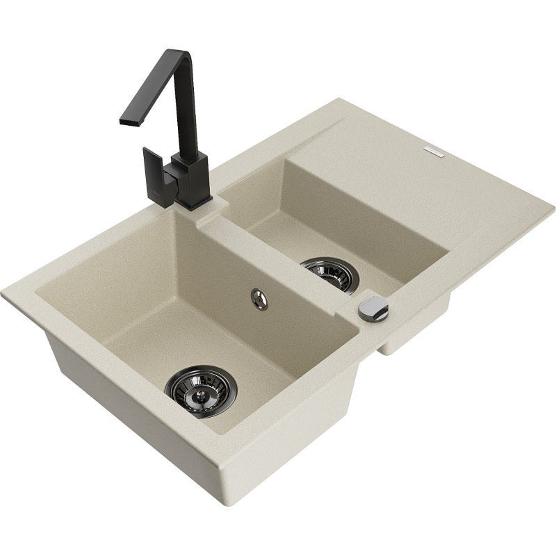 Mexen Gaspar 1.5-compartment granite sink with a drip tray and kitchen mixer tap Rita, Beige - 6507-69-670300-70