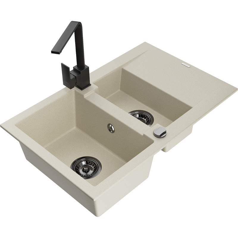Mexen Gaspar granite sink 1.5-bowl with drainer and Rita kitchen tap, beige - 6507-69-670300-70