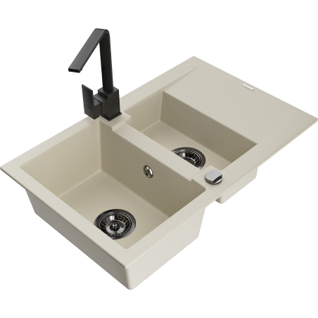 Mexen Gaspar 1.5-compartment granite sink with a drip tray and kitchen mixer tap Rita, Beige - 6507-69-670300-70