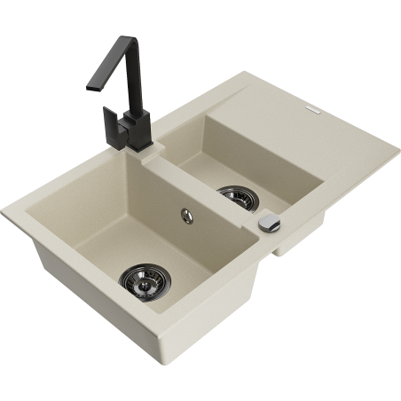Mexen Gaspar granite sink 1.5-bowl with drainer and Rita kitchen tap, beige - 6507-69-670300-70