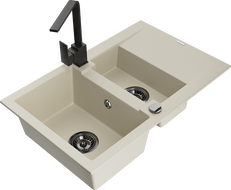 Mexen Gaspar granite sink 1.5-bowl with drainer and Rita kitchen tap, beige - 6507-69-670300-70