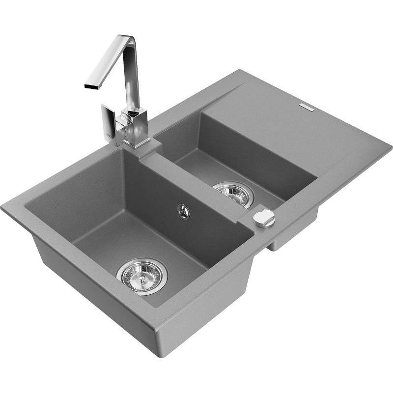 Mexen Gaspar 1.5-compartment granite sink with a drip tray and kitchen mixer tap Rita, Grey - 6507-71-670300-00