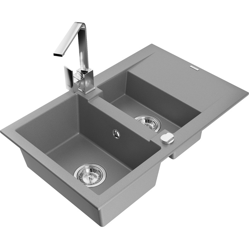 Mexen Gaspar granite sink 1.5-bowl with drainer and Rita kitchen faucet, gray - 6507-71-670300-00