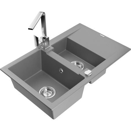 Mexen Gaspar granite sink 1.5-bowl with drainer and kitchen tap Rita, grey - 6507-71-670300-00