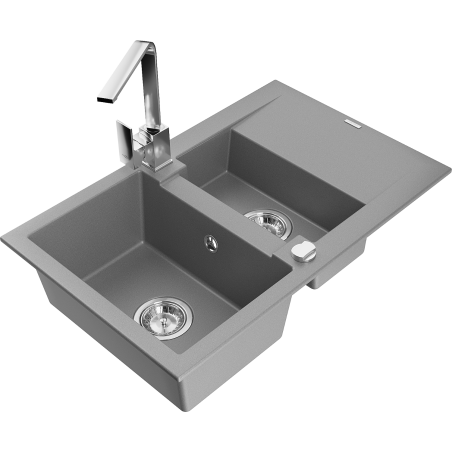 Mexen Gaspar granite sink 1.5-bowl with drainer and Rita kitchen faucet, gray - 6507-71-670300-00