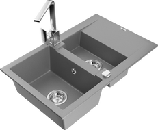 Mexen Gaspar 1.5-compartment granite sink with a drip tray and kitchen mixer tap Rita, Grey - 6507-71-670300-00