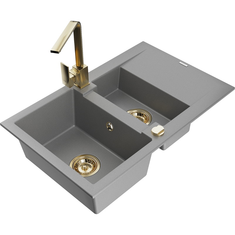 Mexen Gaspar 1.5-bowl granite sink with drainer and Rita kitchen faucet, gray - 6507-71-670300-50