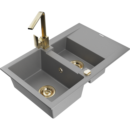 Mexen Gaspar 1.5-compartment granite sink with a drip tray and kitchen mixer tap Rita, Grey - 6507-71-670300-50