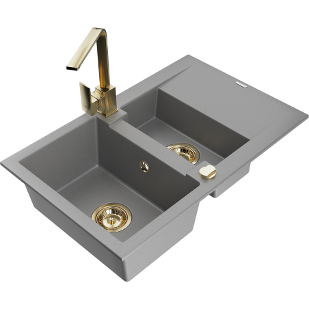 Mexen Gaspar granite sink 1.5-bowl with drainer and Rita kitchen tap, grey - 6507-71-670300-50
