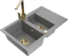 Mexen Gaspar 1.5-compartment granite sink with a drip tray and kitchen mixer tap Rita, Grey - 6507-71-670300-50