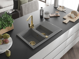 Mexen Gaspar 1.5-compartment granite sink with a drip tray and kitchen mixer tap Rita, Grey - 6507-71-670300-50