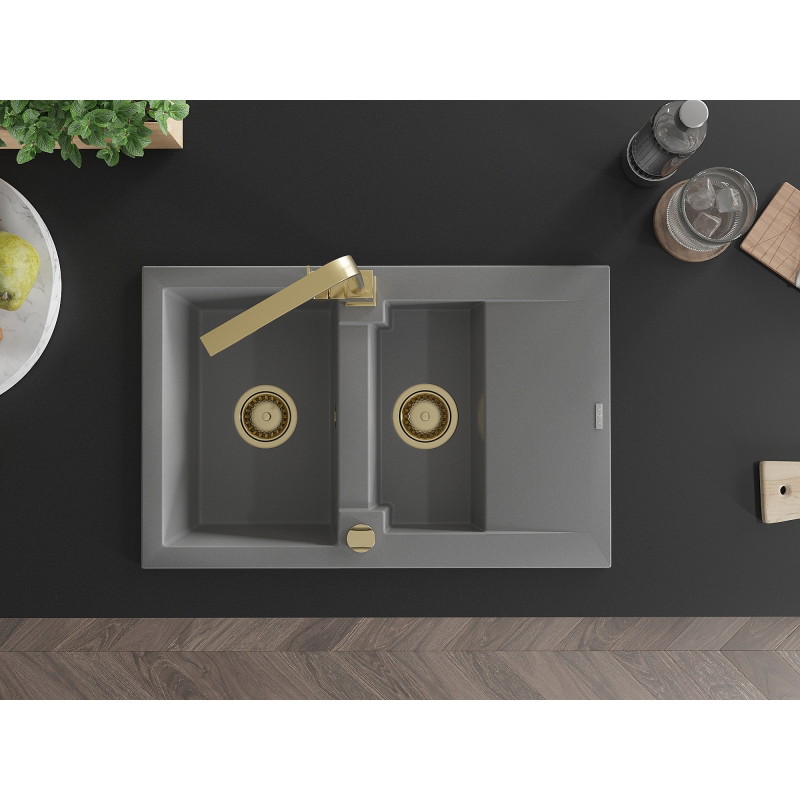 Mexen Gaspar 1.5-bowl granite sink with drainer and Rita kitchen faucet, gray - 6507-71-670300-50